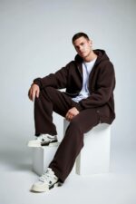 Мужской Утепленный Коричневый Костюм Оверсайз на Молнии с Начесом (Зипка + Штаны)