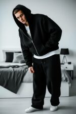 Мужской Утепленный Черный Костюм Оверсайз на Молнии с Начесом (Зипка + Штаны)