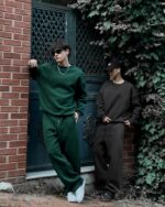 Мужской Утепленный Зеленый Костюм Оверсайз на Флисе (Свитшот + Штаны)