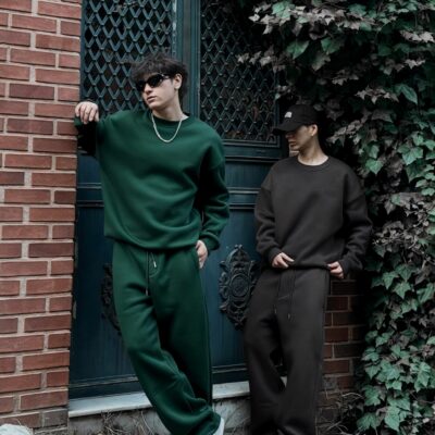Мужской Утепленный Зеленый Костюм Оверсайз на Флисе (Свитшот + Штаны)