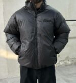 Мужская Зимняя Черная Куртка Пуфер Антрацит Оверсайз на Молнии с Фиксаторами