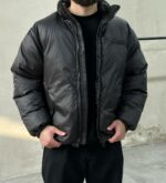 Мужская Зимняя Черная Куртка Пуфер Антрацит Оверсайз на Молнии с Фиксаторами