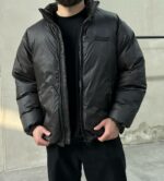 Мужская Зимняя Черная Куртка Пуфер Антрацит Оверсайз на Молнии с Фиксаторами