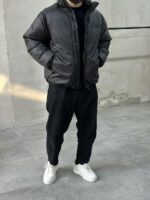 Мужская Зимняя Черная Куртка Пуфер Антрацит Оверсайз на Молнии с Фиксаторами