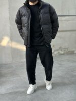 Мужская Зимняя Черная Куртка Пуфер Антрацит Оверсайз на Молнии с Фиксаторами