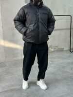 Мужская Зимняя Черная Куртка Пуфер Антрацит Оверсайз на Молнии с Фиксаторами