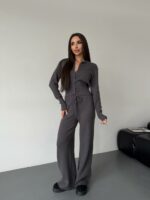 Женский Трикотажный Графитовый Костюм Комплект Двойка - Приталенный Кардиган + Свободные Прямые Штаны