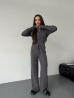 Женский Трикотажный Графитовый Костюм Комплект Двойка - Приталенный Кардиган + Свободные Прямые Штаны