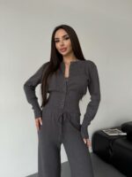 Женский Трикотажный Графитовый Костюм Комплект Двойка - Приталенный Кардиган + Свободные Прямые Штаны