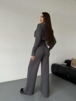 Женский Трикотажный Графитовый Костюм Комплект Двойка - Приталенный Кардиган + Свободные Прямые Штаны