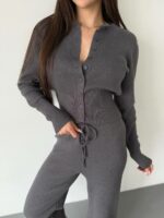 Женский Трикотажный Графитовый Костюм Комплект Двойка - Приталенный Кардиган + Свободные Прямые Штаны