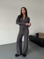 Женский Трикотажный Графитовый Костюм Комплект Двойка - Приталенный Кардиган + Свободные Прямые Штаны