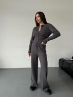 Женский Трикотажный Графитовый Костюм Комплект Двойка - Приталенный Кардиган + Свободные Прямые Штаны