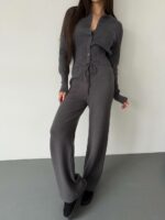 Женский Трикотажный Графитовый Костюм Комплект Двойка - Приталенный Кардиган + Свободные Прямые Штаны