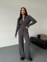 Женский Трикотажный Графитовый Костюм Комплект Двойка - Приталенный Кардиган + Свободные Прямые Штаны