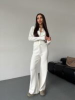Женский Трикотажный Белый Костюм Комплект Двойка - Приталенный Кардиган + Свободные Прямые Штаны