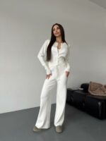 Женский Трикотажный Белый Костюм Комплект Двойка - Приталенный Кардиган + Свободные Прямые Штаны
