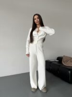 Женский Трикотажный Белый Костюм Комплект Двойка - Приталенный Кардиган + Свободные Прямые Штаны