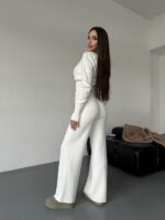 Женский Трикотажный Белый Костюм Комплект Двойка - Приталенный Кардиган + Свободные Прямые Штаны