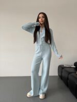 Женский Трикотажный Голубой Костюм Комплект Двойка - Приталенный Кардиган + Свободные Прямые Штаны