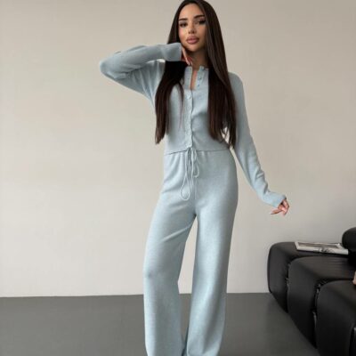Женский Трикотажный Голубой Костюм Комплект Двойка - Приталенный Кардиган + Свободные Прямые Штаны