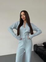 Женский Трикотажный Голубой Костюм Комплект Двойка - Приталенный Кардиган + Свободные Прямые Штаны