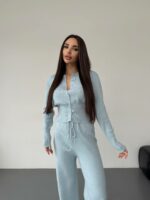 Женский Трикотажный Голубой Костюм Комплект Двойка - Приталенный Кардиган + Свободные Прямые Штаны