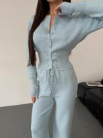 Женский Трикотажный Голубой Костюм Комплект Двойка - Приталенный Кардиган + Свободные Прямые Штаны