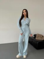 Женский Трикотажный Голубой Костюм Комплект Двойка - Приталенный Кардиган + Свободные Прямые Штаны
