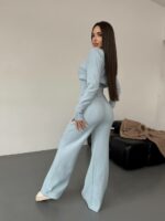 Женский Трикотажный Голубой Костюм Комплект Двойка - Приталенный Кардиган + Свободные Прямые Штаны