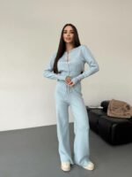Женский Трикотажный Голубой Костюм Комплект Двойка - Приталенный Кардиган + Свободные Прямые Штаны