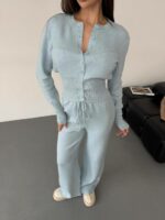 Женский Трикотажный Голубой Костюм Комплект Двойка - Приталенный Кардиган + Свободные Прямые Штаны