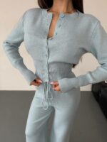 Женский Трикотажный Голубой Костюм Комплект Двойка - Приталенный Кардиган + Свободные Прямые Штаны