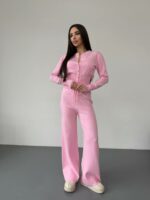 Женский Трикотажный Розовый Костюм Комплект Двойка - Приталенный Кардиган + Свободные Прямые Штаны