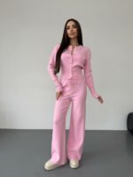 Женский Трикотажный Розовый Костюм Комплект Двойка - Приталенный Кардиган + Свободные Прямые Штаны