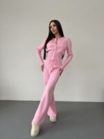 Женский Трикотажный Розовый Костюм Комплект Двойка - Приталенный Кардиган + Свободные Прямые Штаны