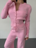 Женский Трикотажный Розовый Костюм Комплект Двойка - Приталенный Кардиган + Свободные Прямые Штаны