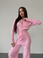 Женский Трикотажный Розовый Костюм Комплект Двойка - Приталенный Кардиган + Свободные Прямые Штаны