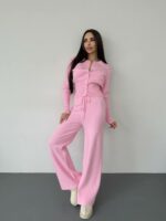 Женский Трикотажный Розовый Костюм Комплект Двойка - Приталенный Кардиган + Свободные Прямые Штаны