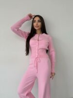 Женский Трикотажный Розовый Костюм Комплект Двойка - Приталенный Кардиган + Свободные Прямые Штаны