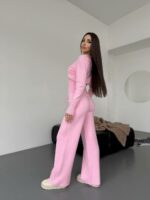 Женский Трикотажный Розовый Костюм Комплект Двойка - Приталенный Кардиган + Свободные Прямые Штаны