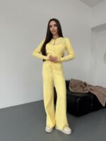 Женский Трикотажный Желтый Костюм Комплект Двойка - Приталенный Кардиган + Свободные Прямые Штаны