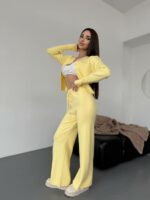 Женский Трикотажный Желтый Костюм Комплект Двойка - Приталенный Кардиган + Свободные Прямые Штаны
