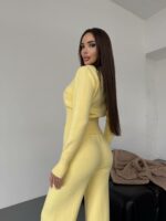Женский Трикотажный Желтый Костюм Комплект Двойка - Приталенный Кардиган + Свободные Прямые Штаны