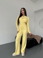 Женский Трикотажный Желтый Костюм Комплект Двойка - Приталенный Кардиган + Свободные Прямые Штаны