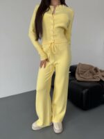 Женский Трикотажный Желтый Костюм Комплект Двойка - Приталенный Кардиган + Свободные Прямые Штаны