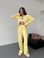 Женский Трикотажный Желтый Костюм Комплект Двойка - Приталенный Кардиган + Свободные Прямые Штаны