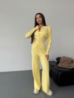 Женский Трикотажный Желтый Костюм Комплект Двойка - Приталенный Кардиган + Свободные Прямые Штаны