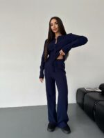 Женский Трикотажный Темно-Синий Костюм Комплект Двойка - Приталенный Кардиган + Свободные Прямые Штаны