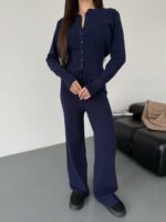 Женский Трикотажный Темно-Синий Костюм Комплект Двойка - Приталенный Кардиган + Свободные Прямые Штаны